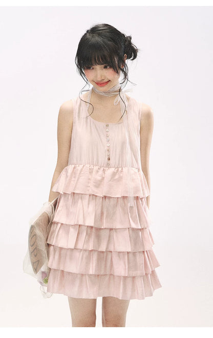 "Misty Pink Reverie" Petal Pink Lace Tie Tiered Sleeveless Dress