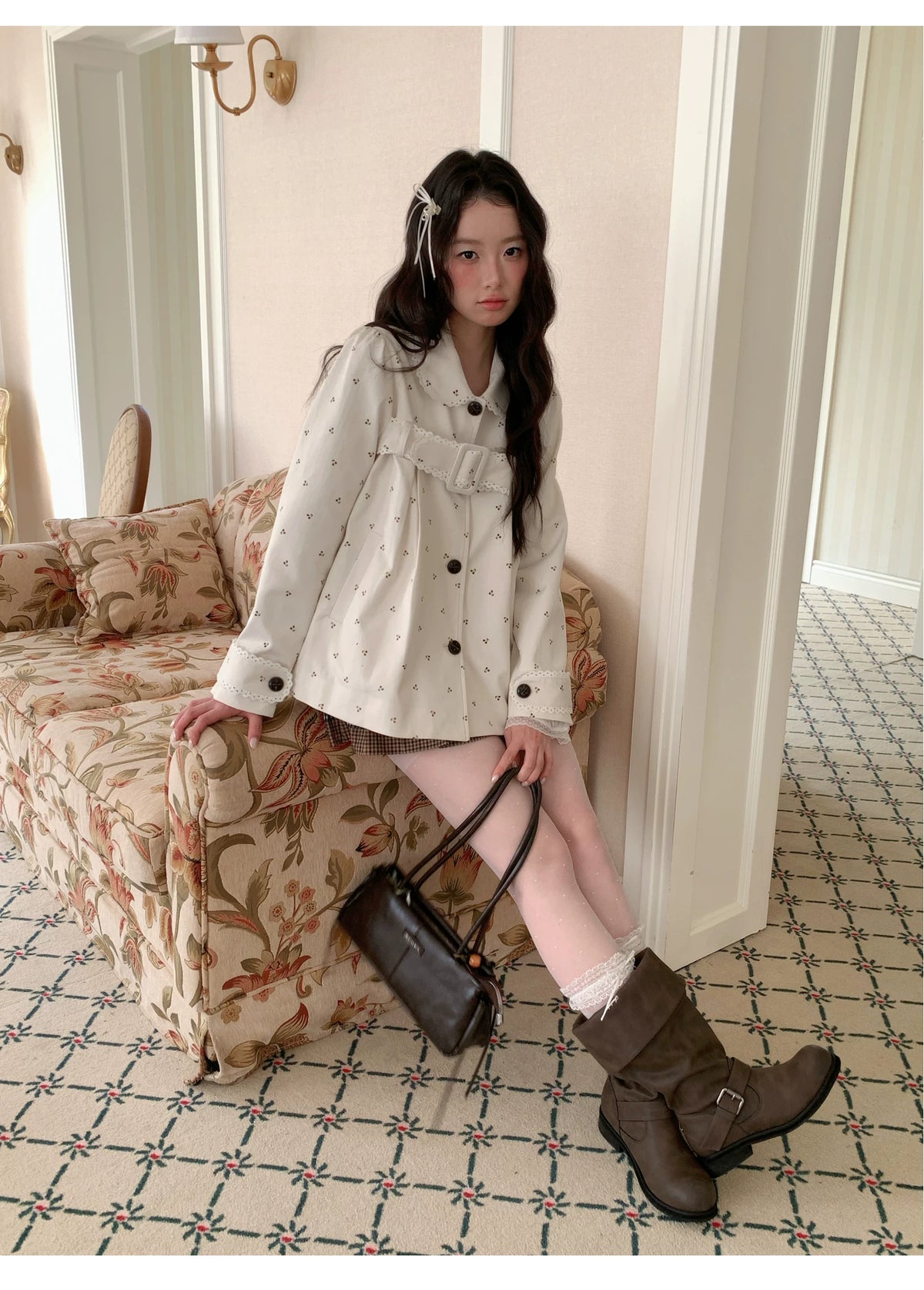 [RF] “Snowflake Milk Foam” Cream Floral Single-Breasted Waist-Defined Jacket