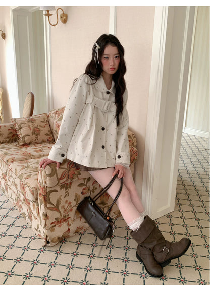 [RF] “Snowflake Milk Foam” Cream Floral Single-Breasted Waist-Defined Jacket