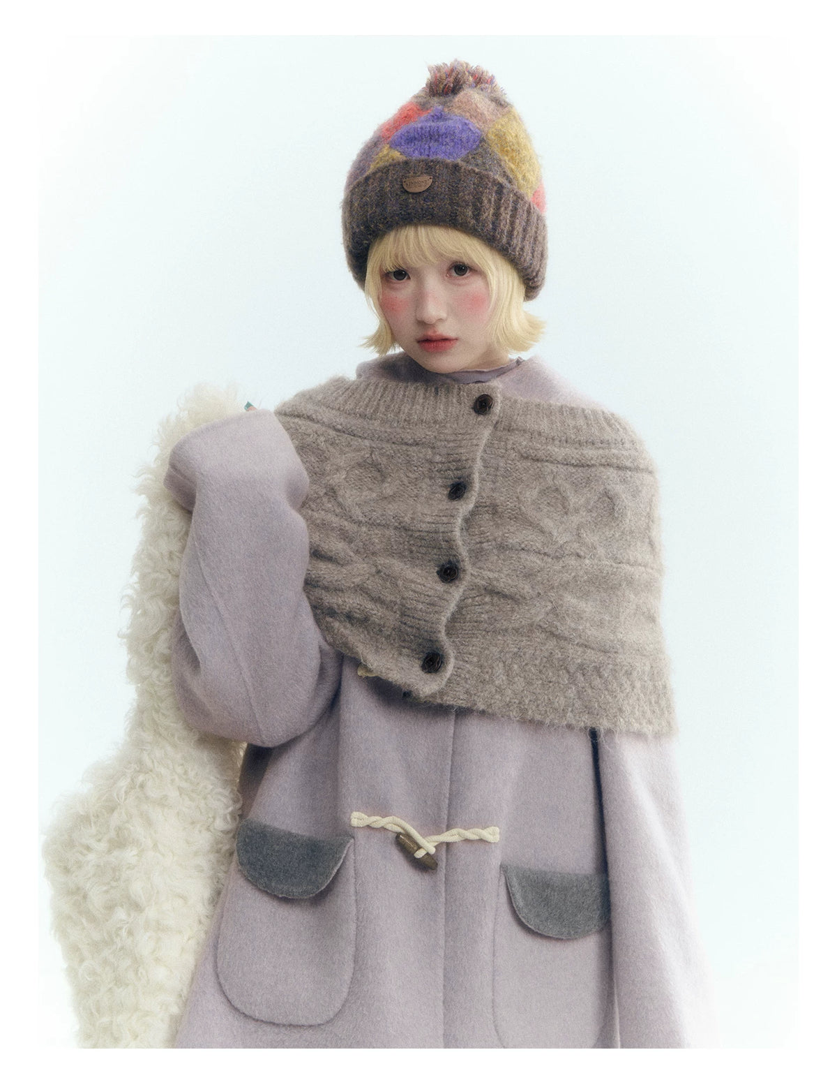 Horridale - Mist Gray Cable Knit Flower Button Shawl