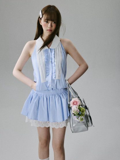 LOST FOREST  - Blue Striped Lace-Trim Halter Dress with Elastic Waist