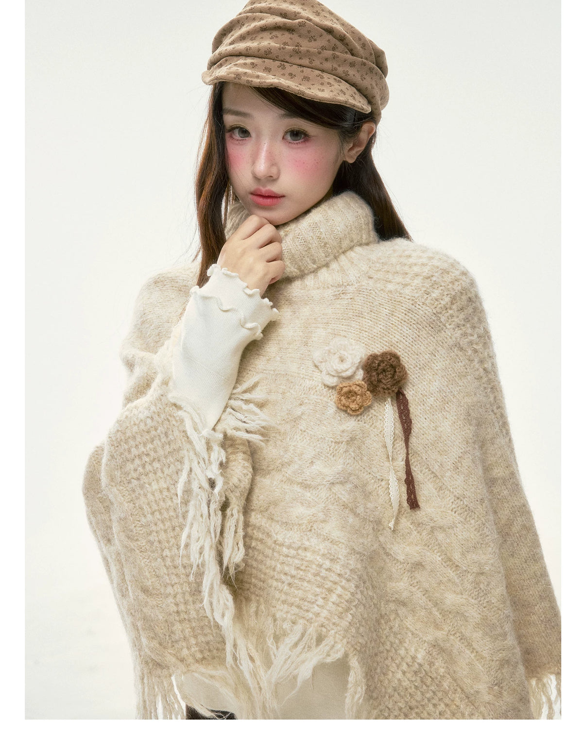 BIBIBENCY - Ivory Knit Cape Shawl with Fringe Trim