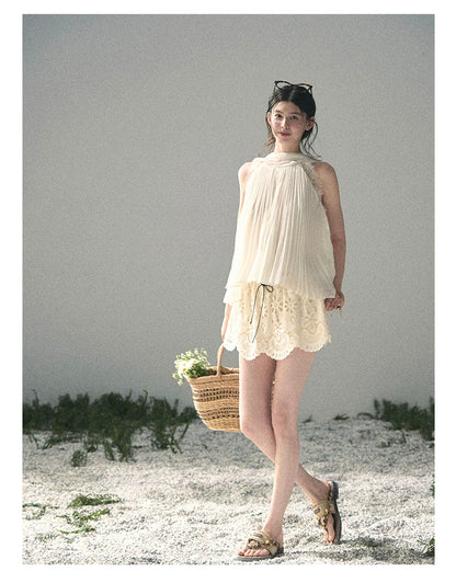 “Summer Light Through Pleats” Ivory Lace Pleated Halter Blouse