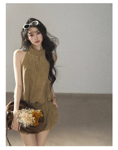 AOMALM - "The Veins of Leaves" Oatmeal French Faux Suede Top & Shorts Set