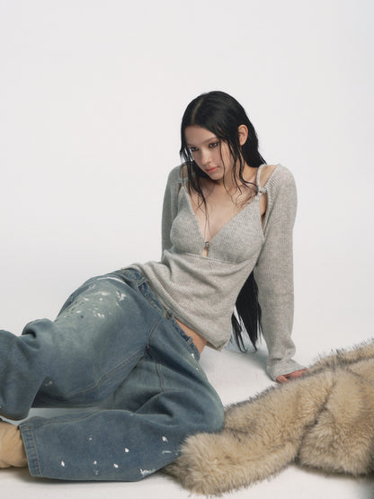 Muirgen - Gray Cut-Out Shoulder V-Neck Knit Top