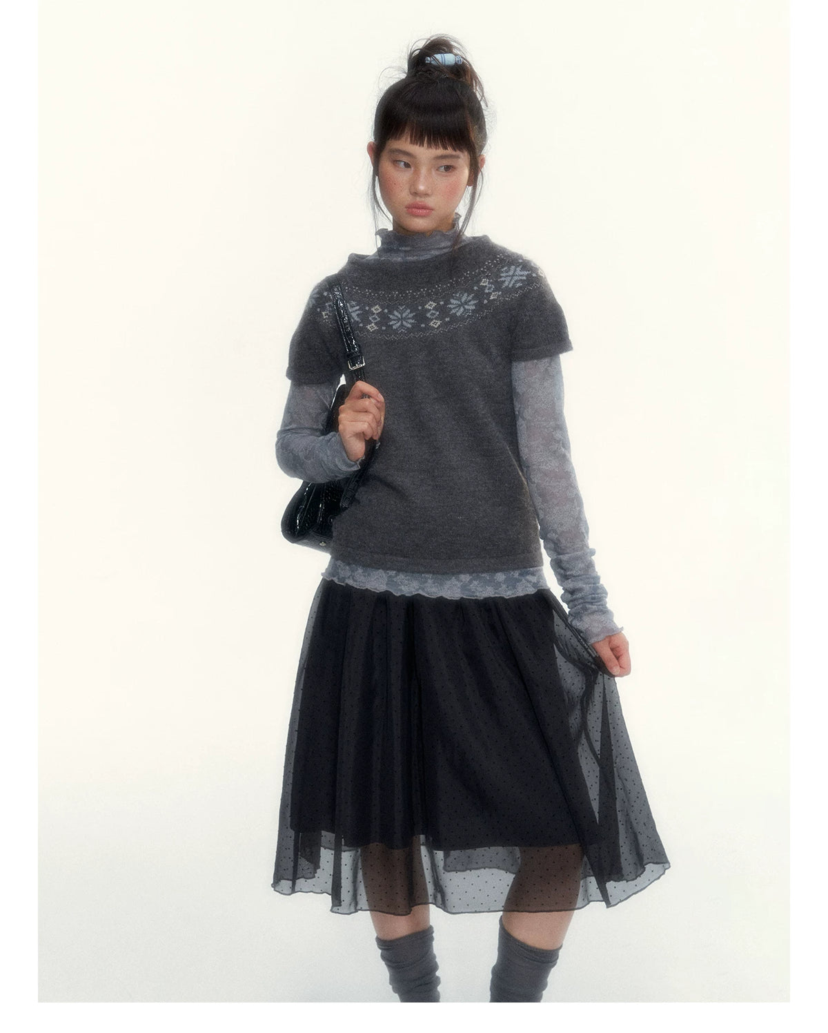 Deep Gray Fair Isle Short-Sleeve Knit Sweater