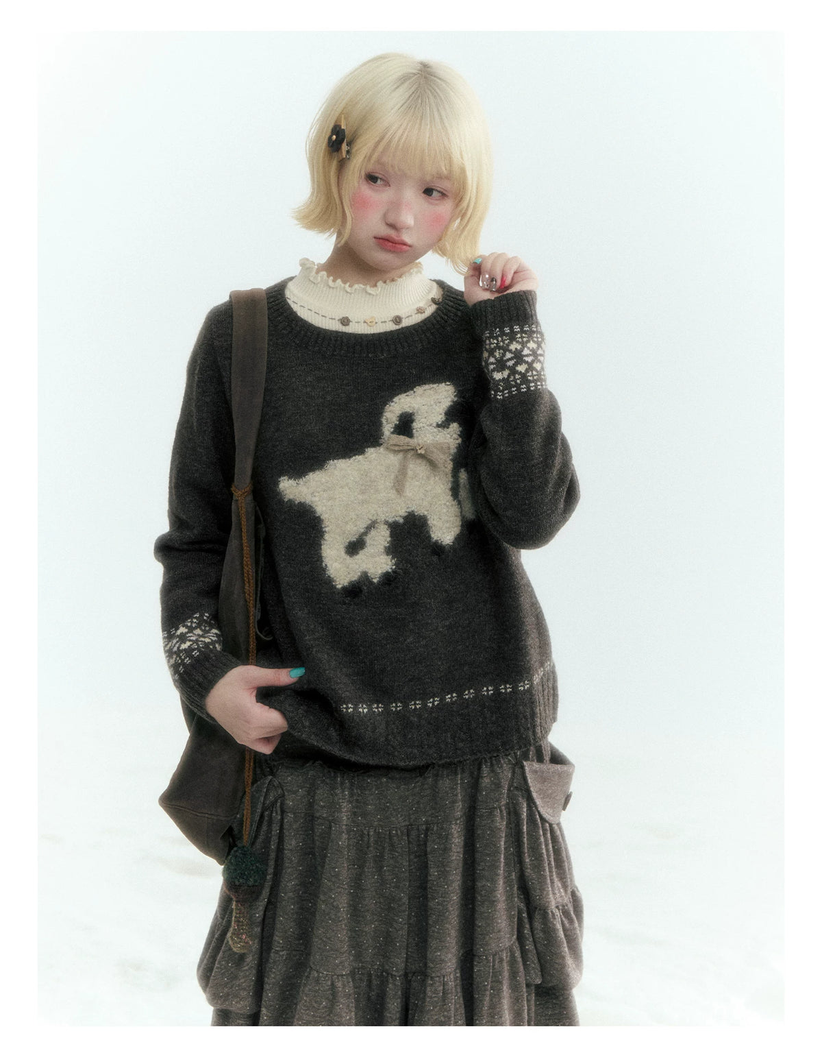 Horridale - Vintage Ruffle-Trim Wool-Blend Mock Neck Top (White Almond / Dark Gray)