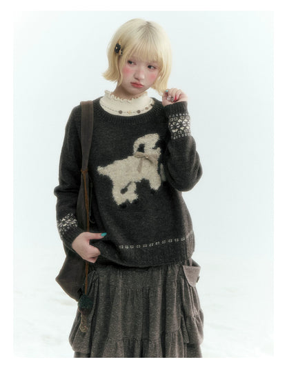 Horridale - Vintage Ruffle-Trim Wool-Blend Mock Neck Top (White Almond / Dark Gray)
