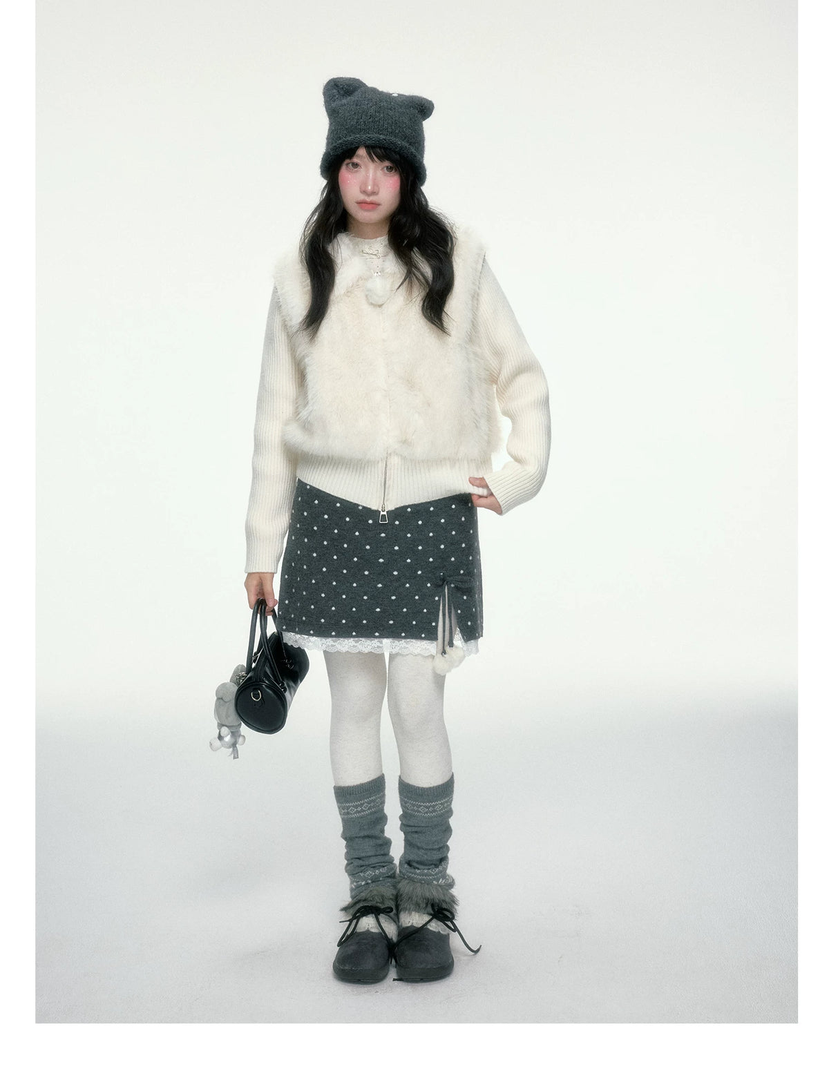BIBIBENCY - Ivory Faux Fur Vest with Knit Sleeves