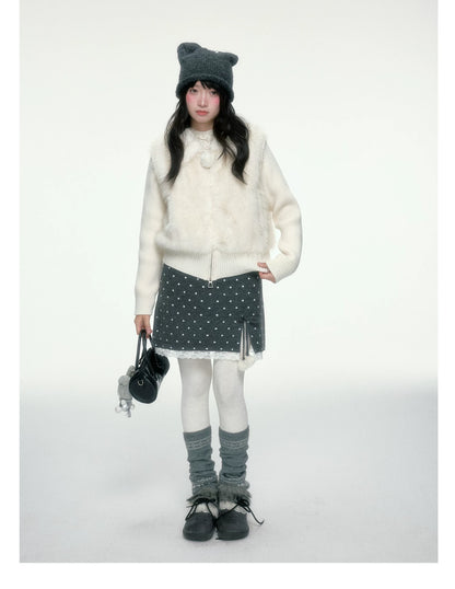 BIBIBENCY - Ivory Faux Fur Vest with Knit Sleeves
