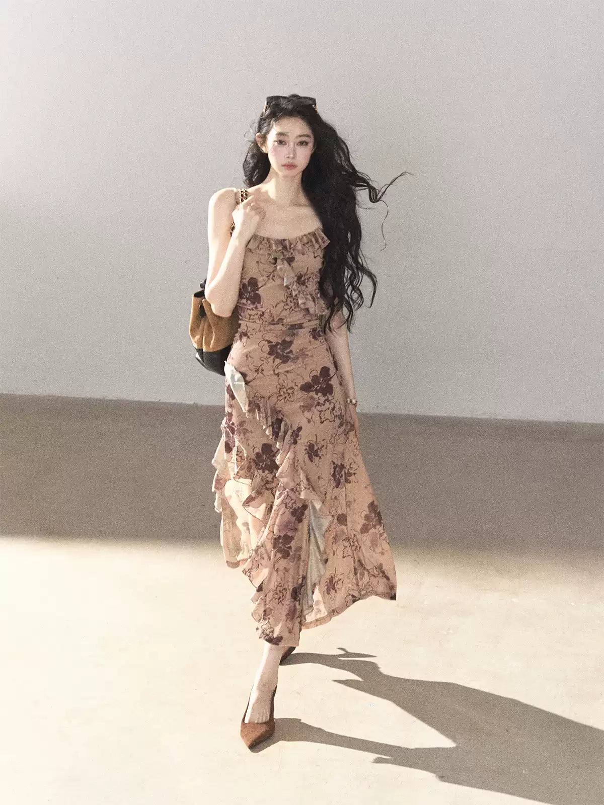 AOMALM - "Wildflower Date" Milk Tea Brown Ruffle Floral Maxi Dress (With Matching Hair Tie)
