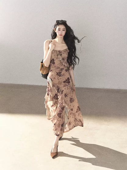 AOMALM - "Wildflower Date" Milk Tea Brown Ruffle Floral Maxi Dress (With Matching Hair Tie)
