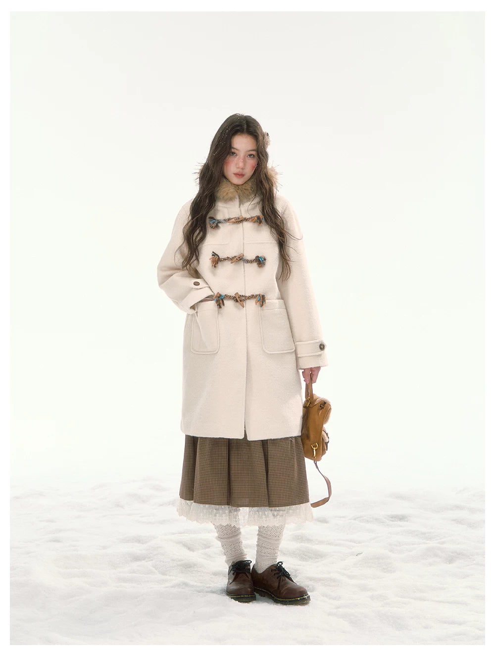 CANSTORE - "Winterland Journey" Ivory Hooded Wool-Blend Coat with Detachable Faux Fur Collar
