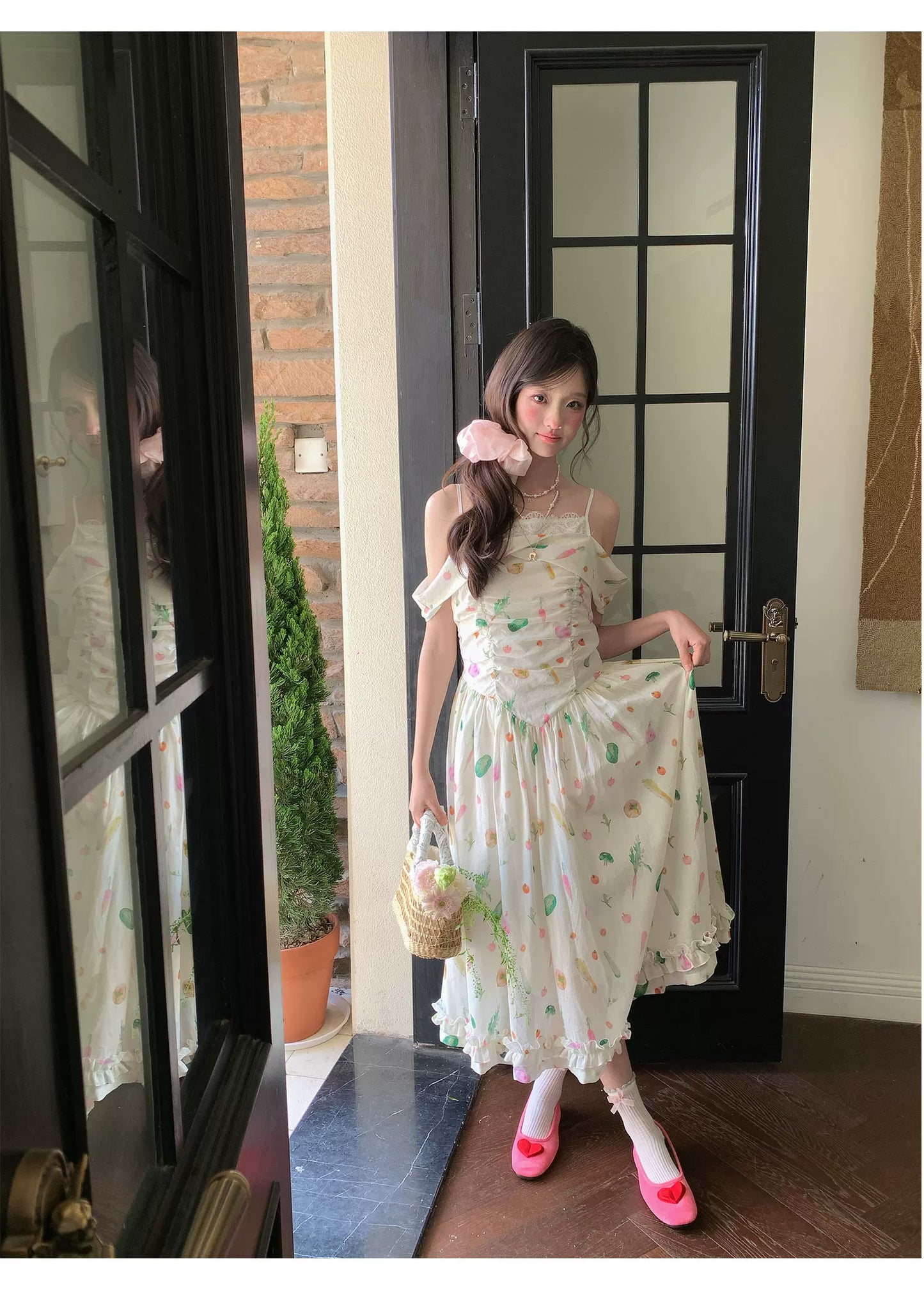 “Verdant Orchard Reverie” Beige Fruit Print Off-Shoulder Dress