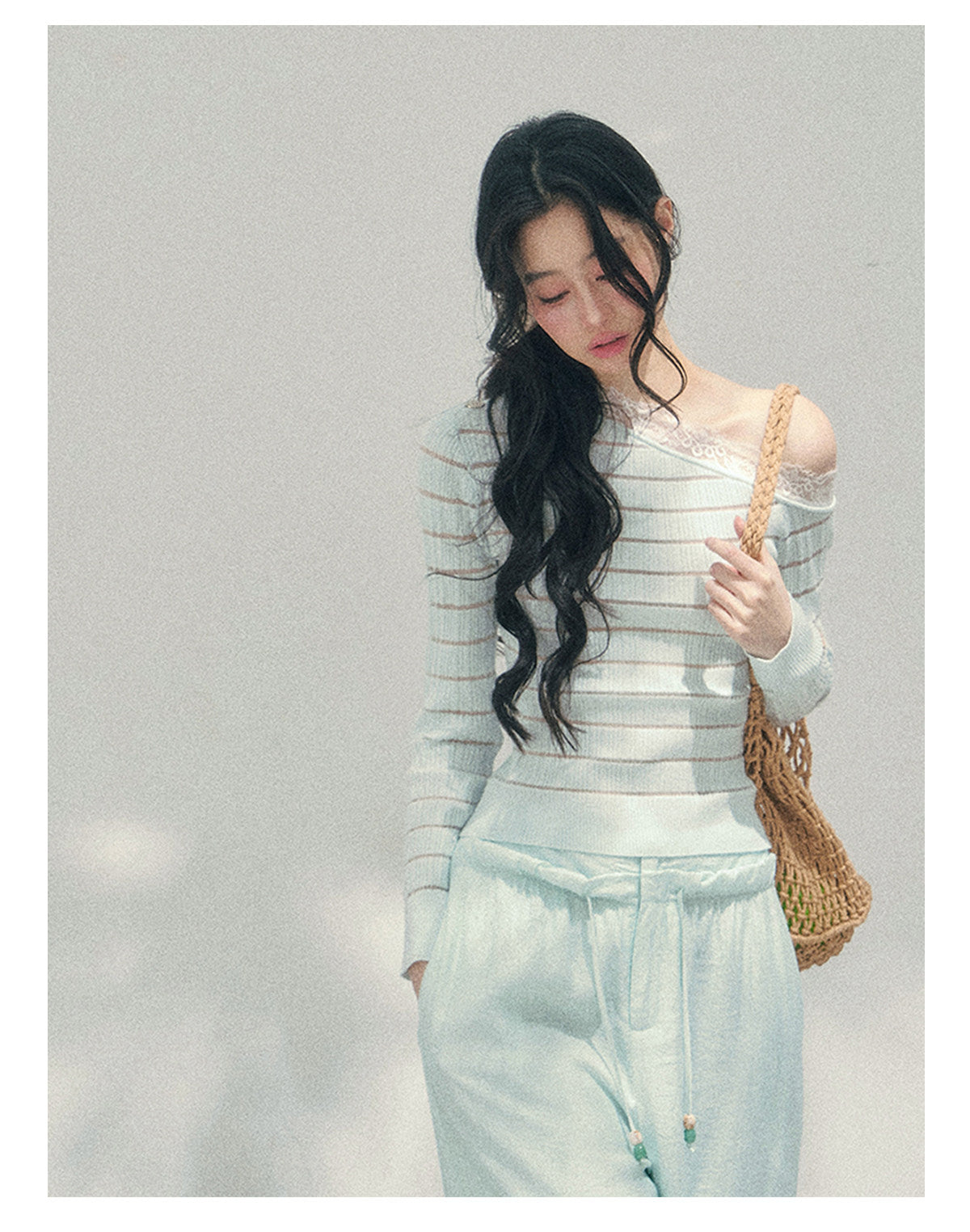 少也眼 “A Gentle Glance” One-Shoulder Lace Knit Long-Sleeve Top - Glacier Blue 43552