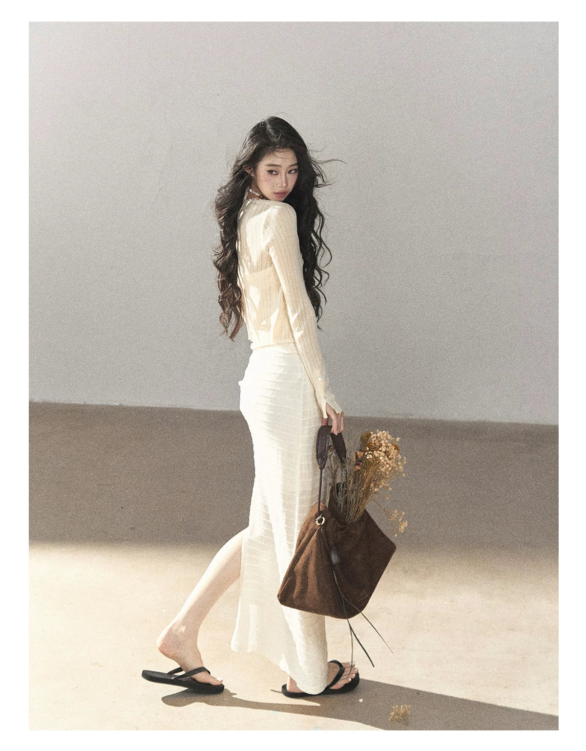 AOMALM - Creamy Ivory Convertible Knit Tube Top & Maxi Skirt Set