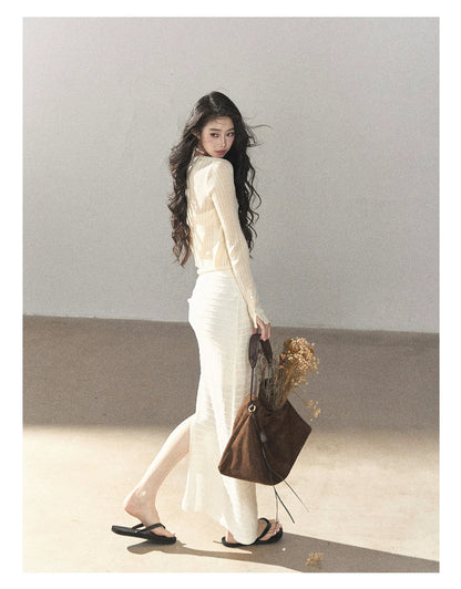 AOMALM - Creamy Ivory Convertible Knit Tube Top & Maxi Skirt Set