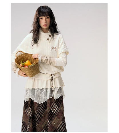 [CAN] "Cloud Knit Reverie" Ivory Cable Knit Bow Embroidered Vest