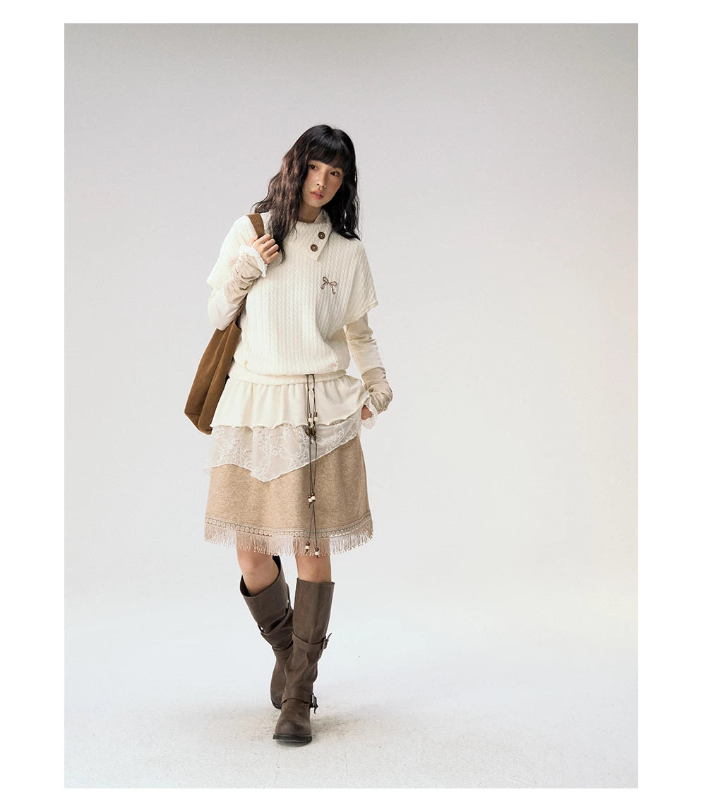[CAN] "Cloud Knit Reverie" Ivory Cable Knit Bow Embroidered Vest
