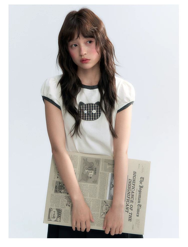 "Hide and Seek" Ivory Cat Patchwork Embroidered Puff Sleeve T-Shirt