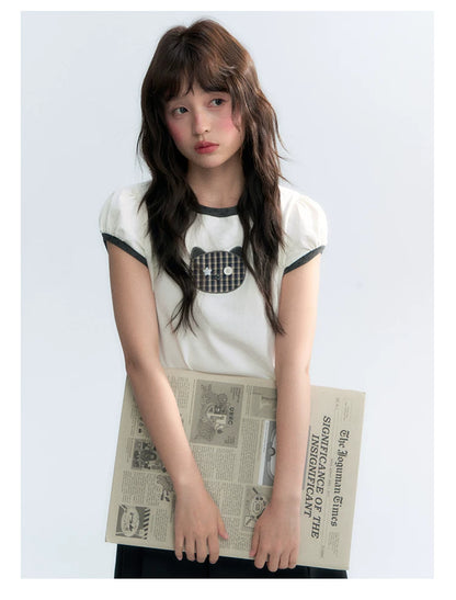 "Hide and Seek" Ivory Cat Patchwork Embroidered Puff Sleeve T-Shirt