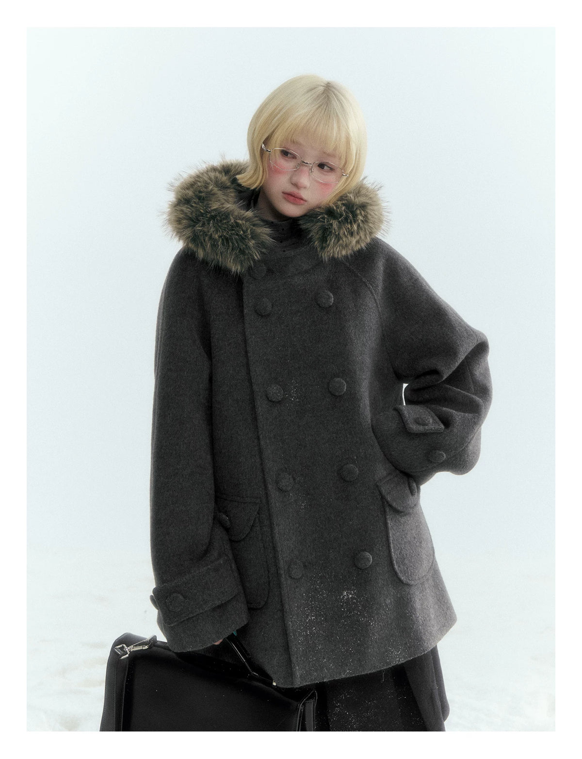 Japanese Hooded Double-Breasted Wool Coat (Deep Charcoal Gray / Taro Purple)