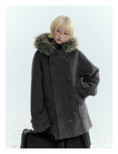 Japanese Hooded Double-Breasted Wool Coat (Deep Charcoal Gray / Taro Purple)