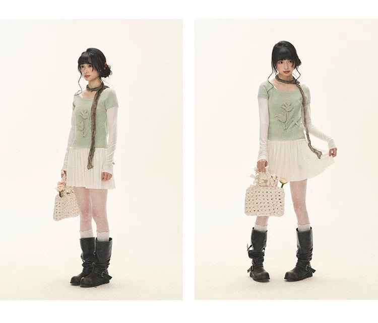 "Spring Memoir" TENCEL™ Wool Pleated Knit Midi Dress (Oat Gray/ Butter Cream)