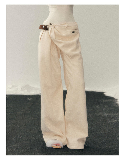 少也眼 “She Passes Through Winter” Fleece-Lined Wide-Leg Trousers with Belt Detail - Mother-of-Pearl Beige