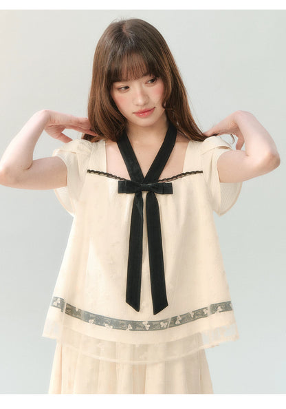 "Velvet Bow Butterfly" Apricot Flocked Tulle Skirt Set PP2026231