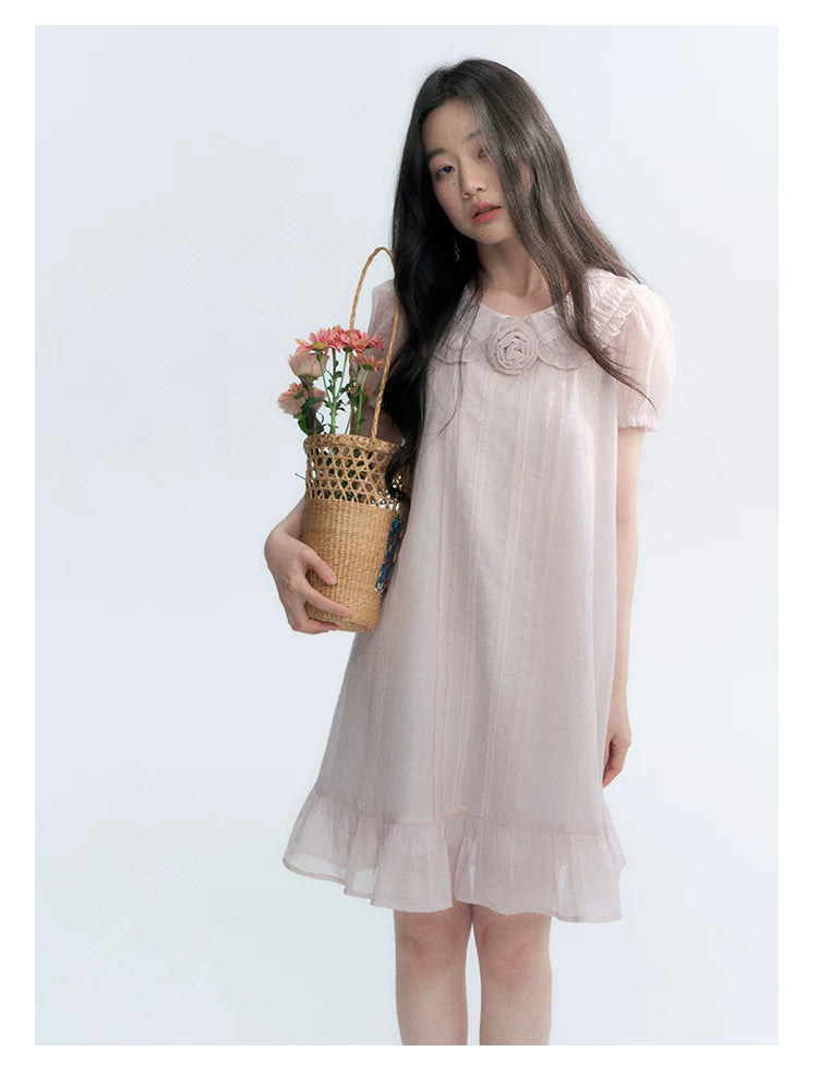 "Misty Wild Rose" Detachable Rose Lace Trim Puff Sleeve Midi Dress