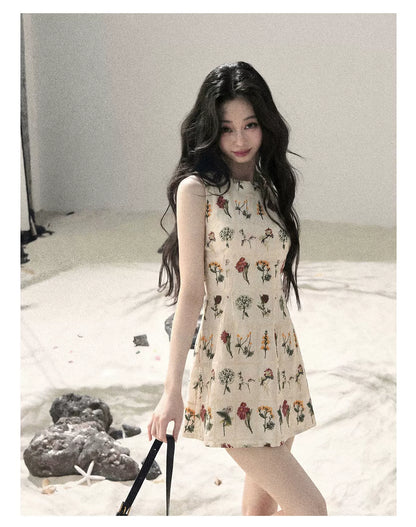 "Wildflower Daydream" Dutch Cream Embroidered Mini Dress - Sleeveless 45684