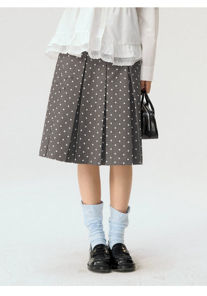 [CAN] “Misty Dot” Gray Polka Dot Pleated A-Line Midi Skirt