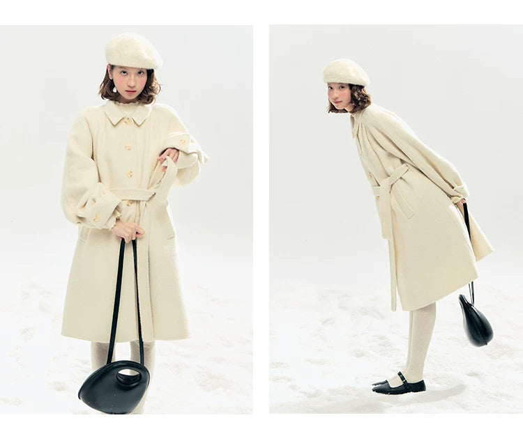 "Black & White Waltz" Hand-Stitched Wool-Blend Swing Coat (Ivory/ Black)
