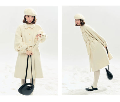 "Black & White Waltz" Hand-Stitched Wool-Blend Swing Coat (Ivory/ Black)