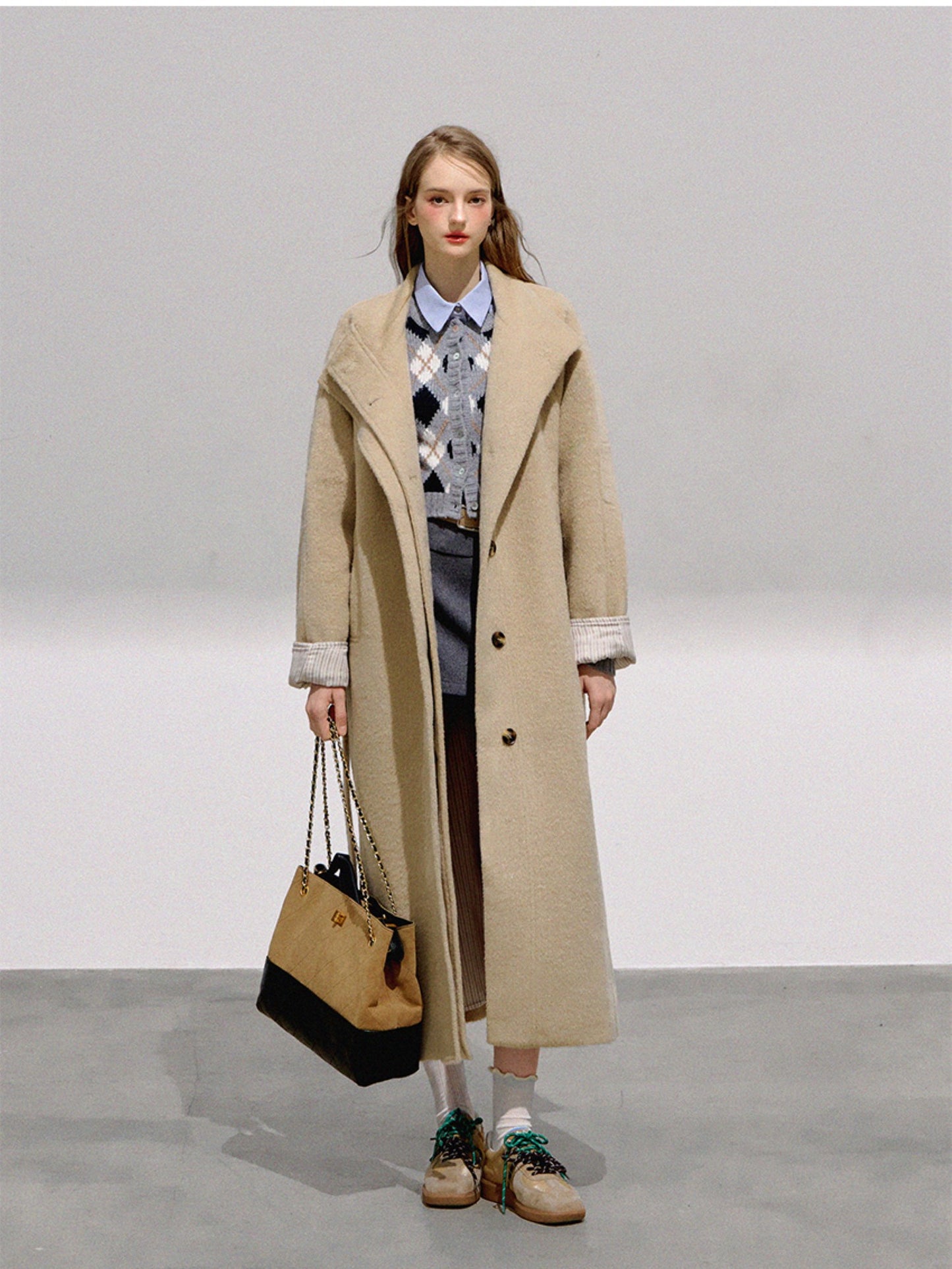 BOHOL BLING - Vintage Preppy Khaki Wool Blend Long Coat