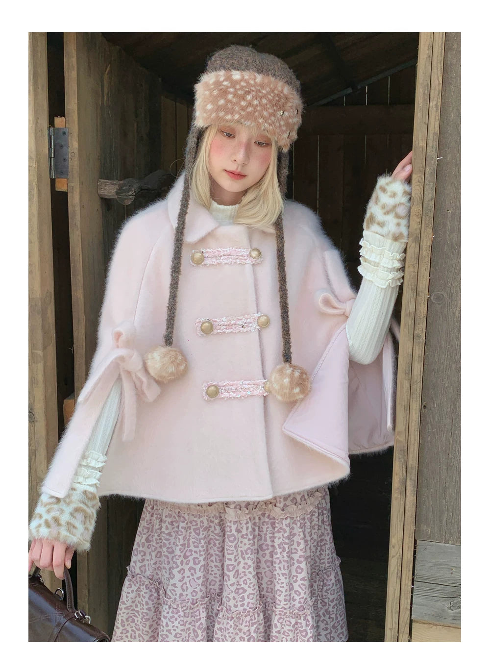 RF - Vintage Pink Fuzzy Cropped Cape Coat with Ribbon Buttons