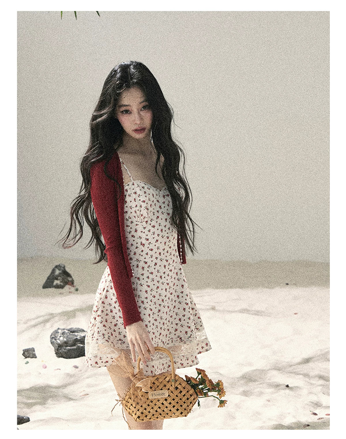 "Blooming Rose Reverie" Cloud White Floral Lace Mini Dress & Burgundy Wine Cardigan 56483