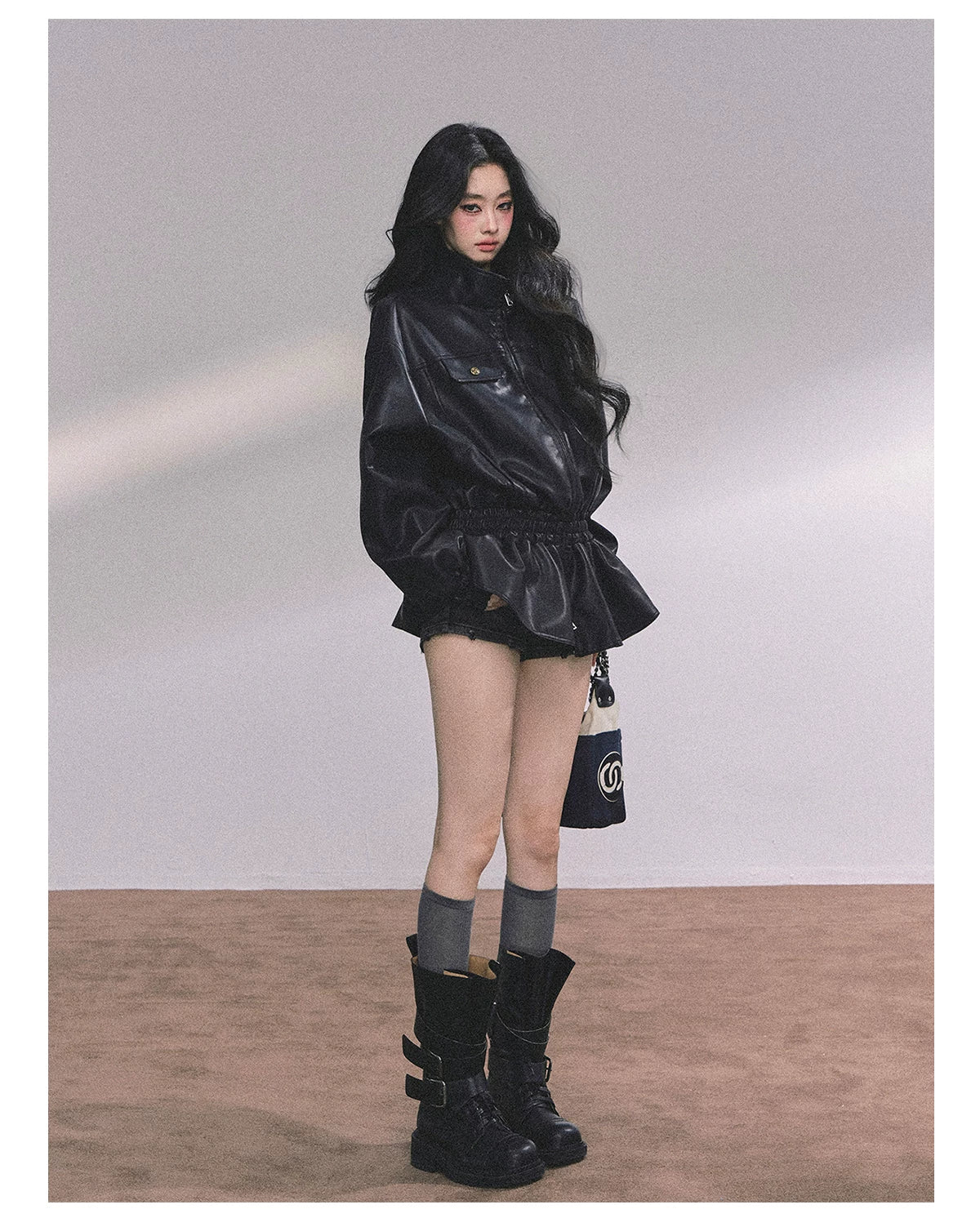 AOMALM - Burgundy PU Suede Jacket & A-Line Shorts Set