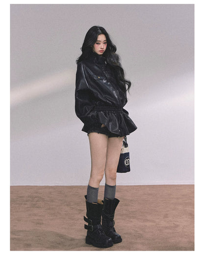 AOMALM - Burgundy PU Suede Jacket & A-Line Shorts Set