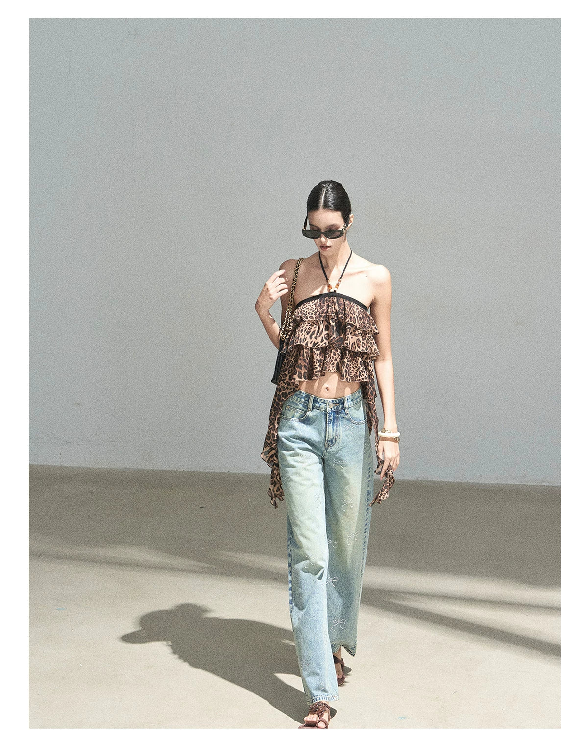 "Chasing the Sunset" Chestnut Brown Leopard Halter Ruffle Crop Top