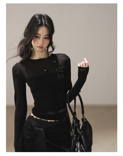 170726 "Hidden Between Light and Shadow" Tranquil Black Sheer Layered Knit Top