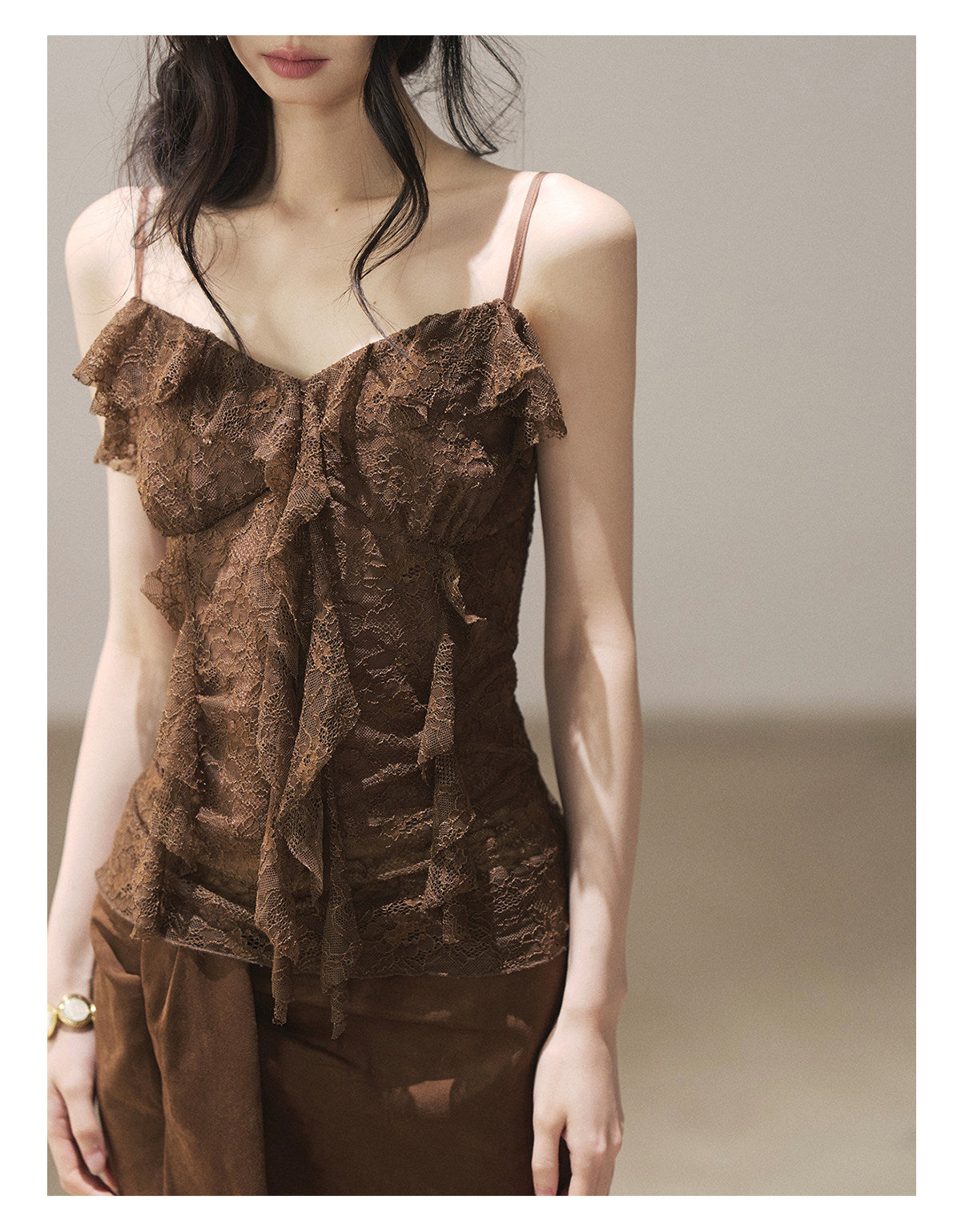 170726 "Sunset Melted Into Lace" Rich Cocoa Lace Ruffle Cami Top