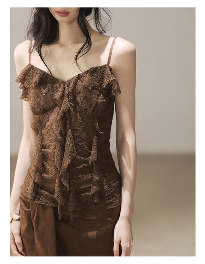 170726 "Sunset Melted Into Lace" Rich Cocoa Lace Ruffle Cami Top