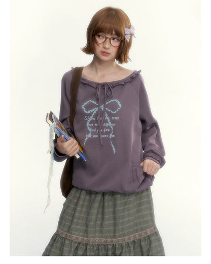 Deep Purple Bow-Tie Lettuce-Trim Off-Shoulder Sweatshirt
