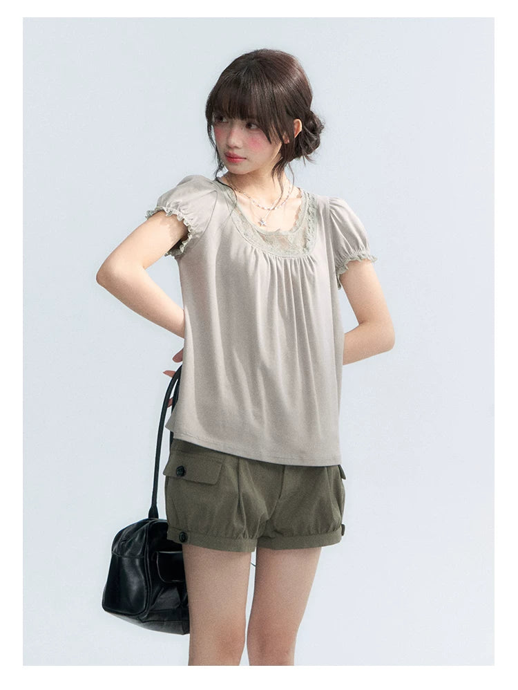 "Vintage Cream" Milk Gray Lace Trim Puff Sleeve T-Shirt