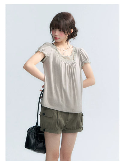 "Vintage Cream" Milk Gray Lace Trim Puff Sleeve T-Shirt