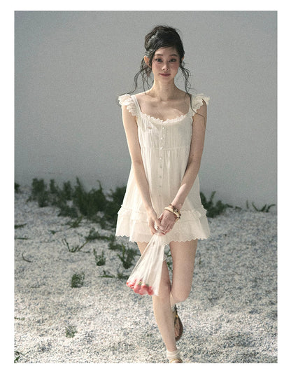 "Shimmer Along the Hem" Cloud White Lace Flutter Sleeve Babydoll Mini Dress 53413