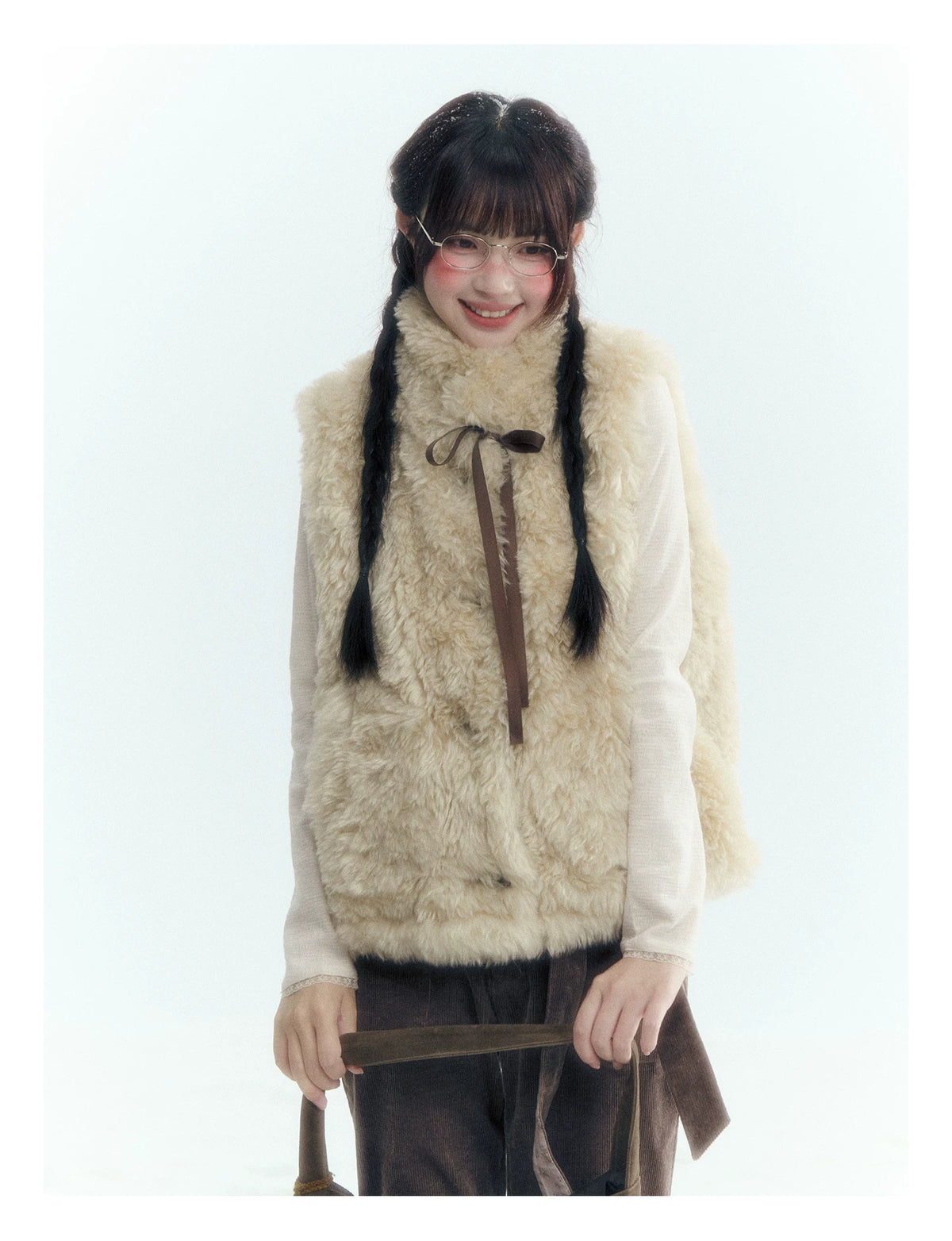 Horridale - Cream Beige Reversible Knit Vest with Detachable Bow