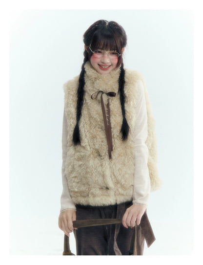 Horridale - Cream Beige Reversible Knit Vest with Detachable Bow